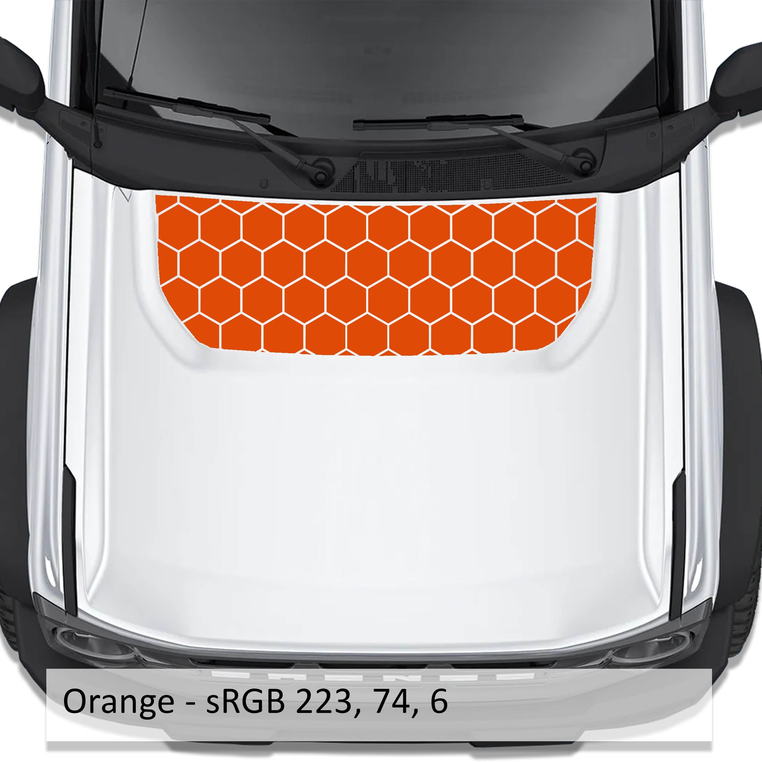 Honeycomb Hex Mesh blackout hood vinyl decal in orange shown installed on the hood of a 2021+ Ford Bronco