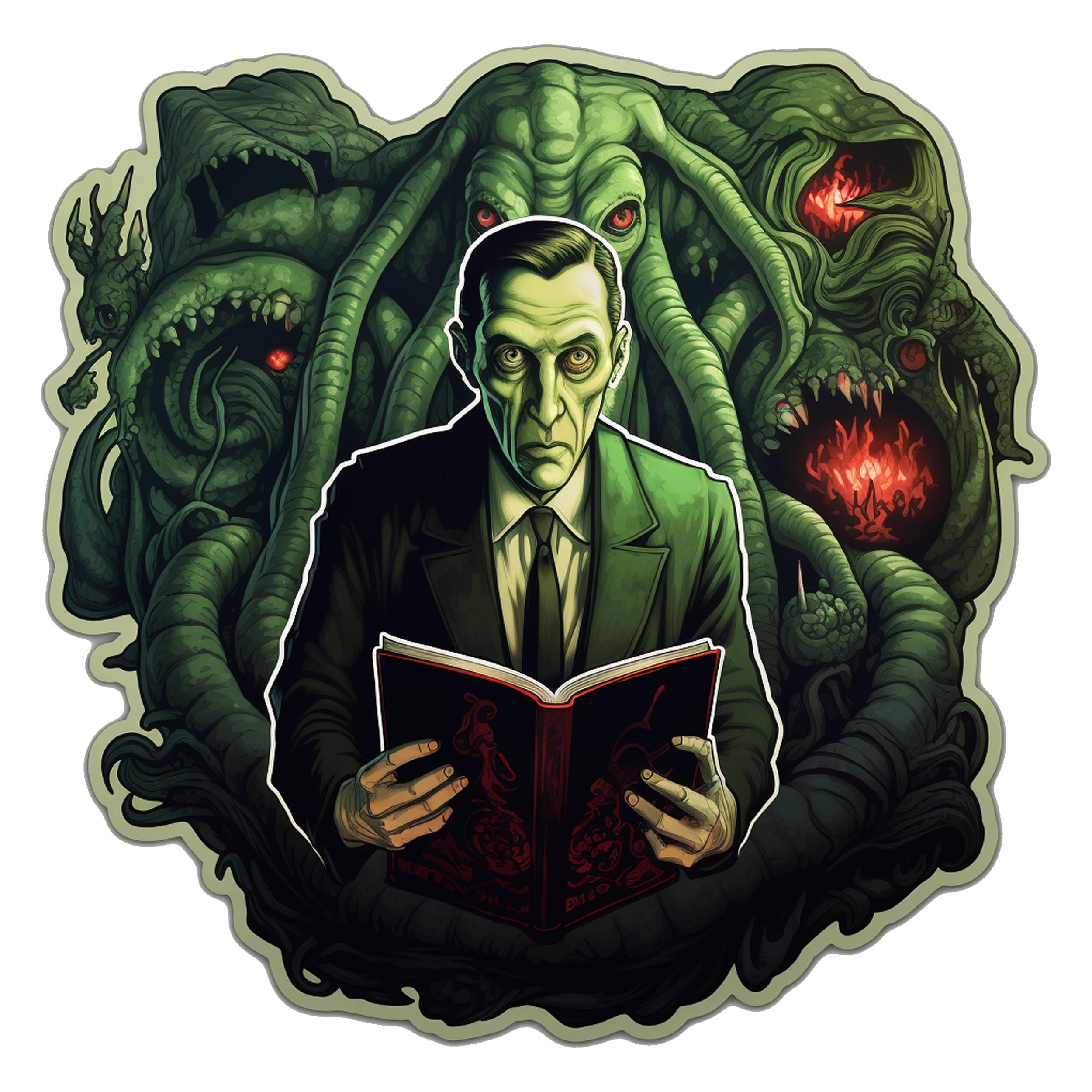 HP Lovecraft Cthulhu Mythos sticker with red-eyed tentacle beasts surrounding pale author holding red grimoire