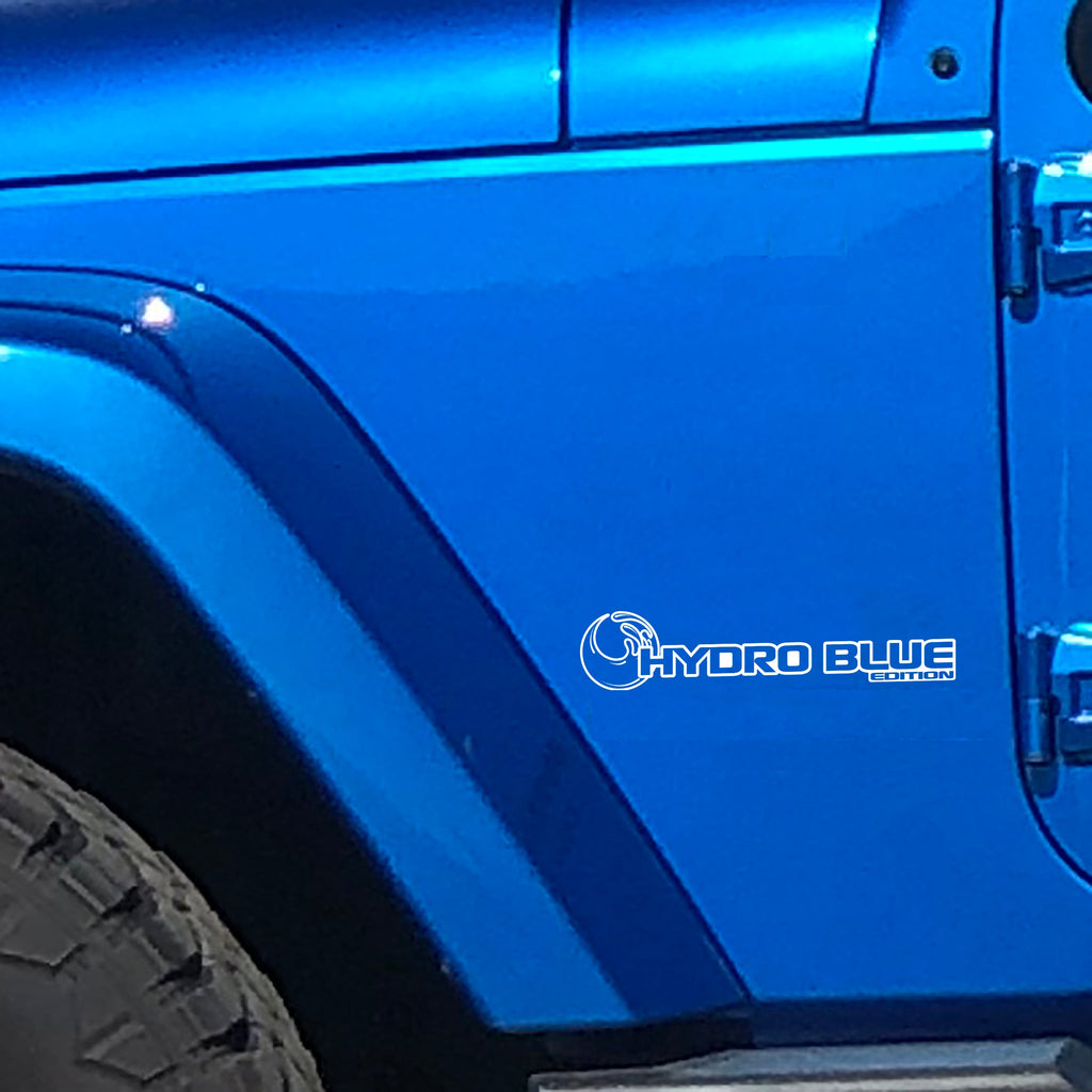 White Hydro Blue Edition wave fender decal pair installed on Jeep Wrangler JL Gladiator JT cowl