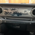 Beach scene Jeep Wrangler JL dashboard decal installed, palms hammock surf Jeep silhouette art