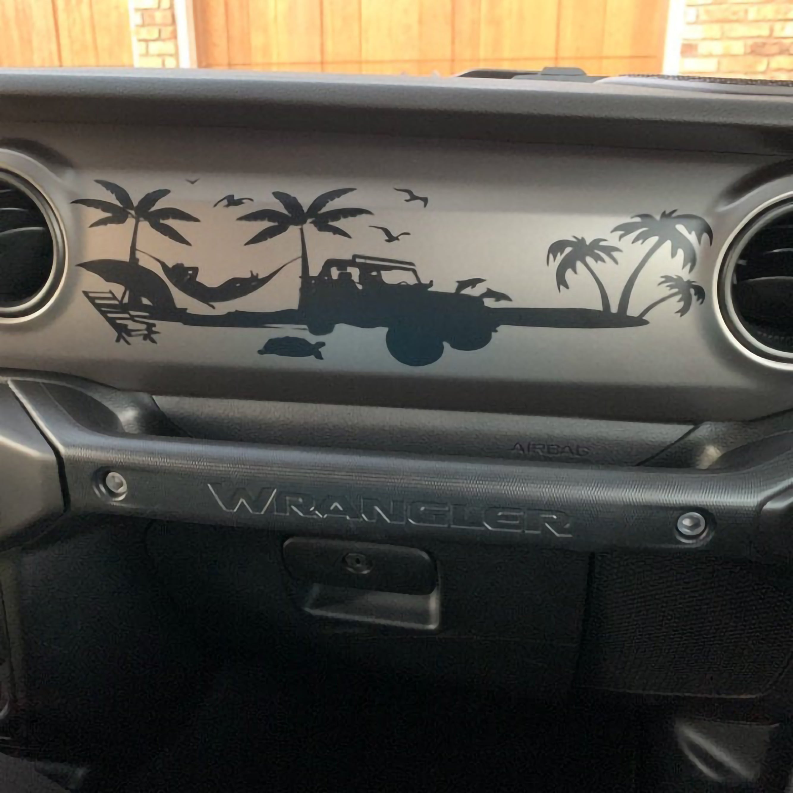 Beach scene Jeep Wrangler JL dashboard decal installed, palms hammock surf Jeep silhouette art