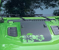 Green hibiscus flowers on power-dome blackout hood decal shown on lime green Jeep Wrangler JL