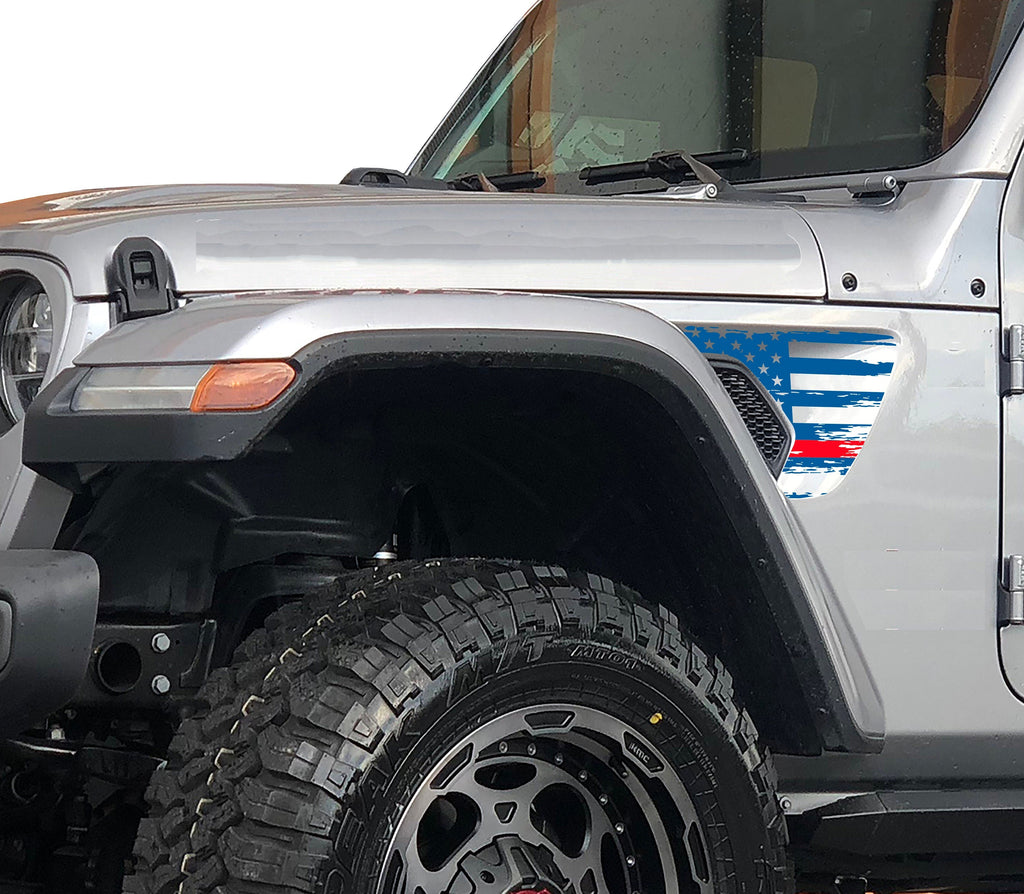 Distressed thin blue line American flag fender vent vinyl decal shown on Jeep JL vent