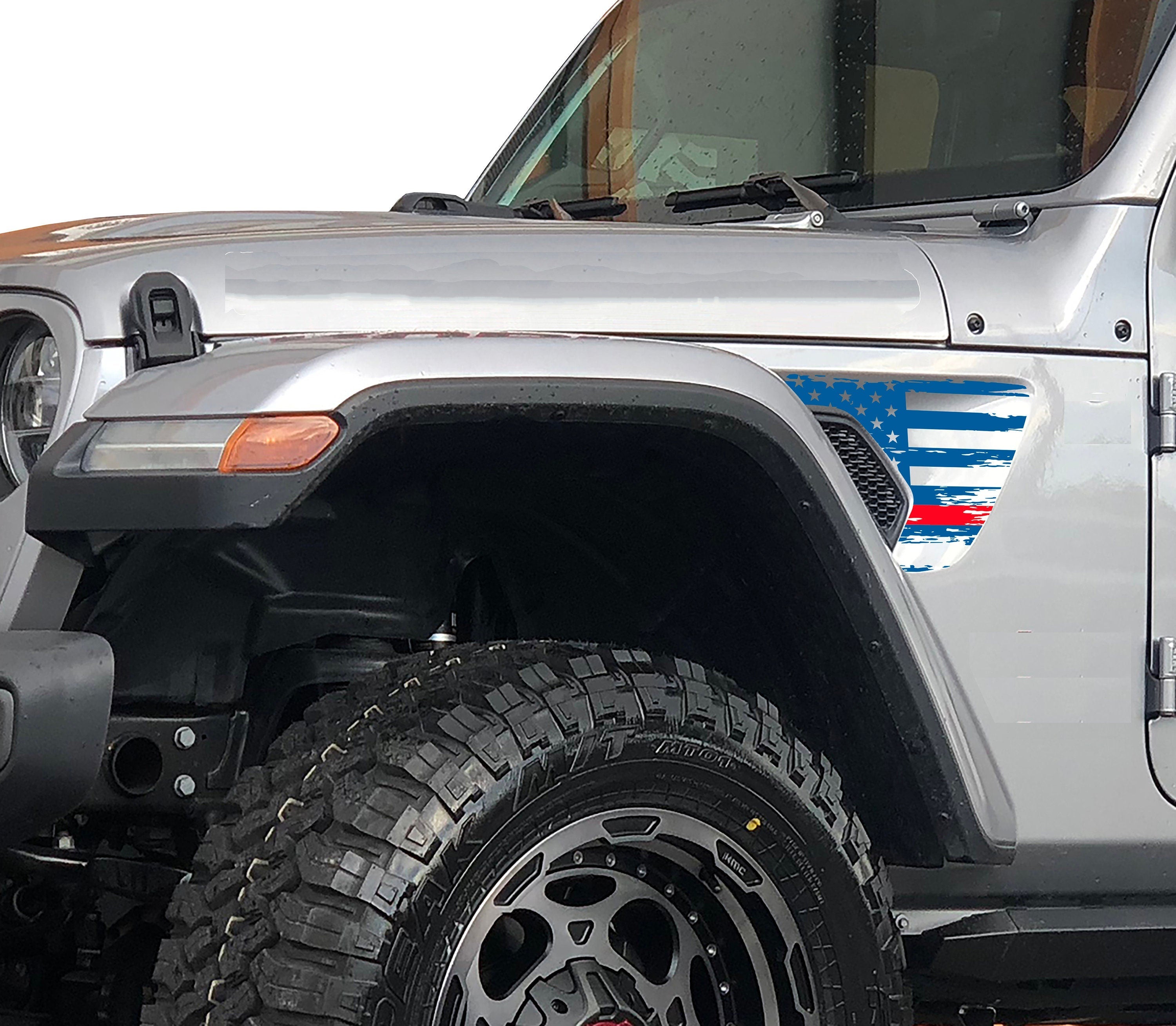 Distressed thin blue line American flag fender vent vinyl decal shown on Jeep JL vent
