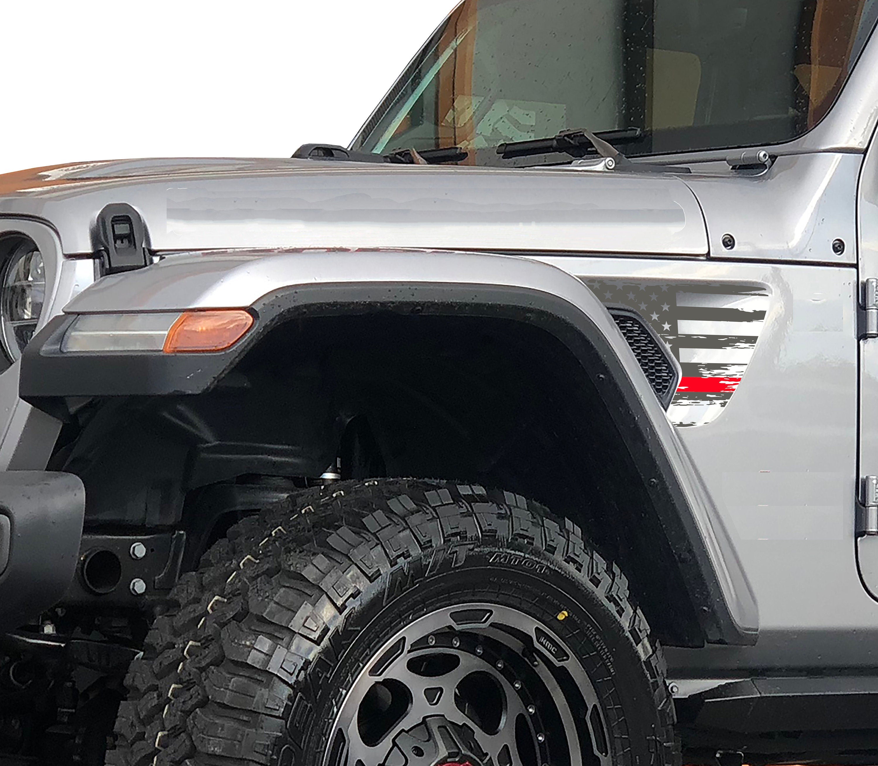 Close shot distressed thin red line American flag vinyl decal installed on JL fender vent