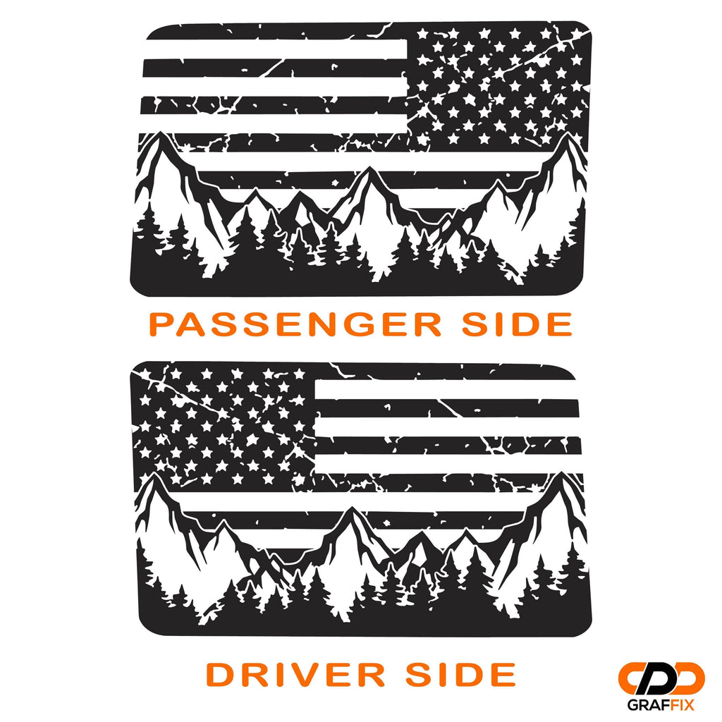 Black American flag mountain trees hardtop window decal on Jeep Wrangler JLU 2018 plus with swatch