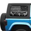 Distressed American flag mountain trees hardtop window decal on blue Jeep Wrangler JLU 2018 plus
