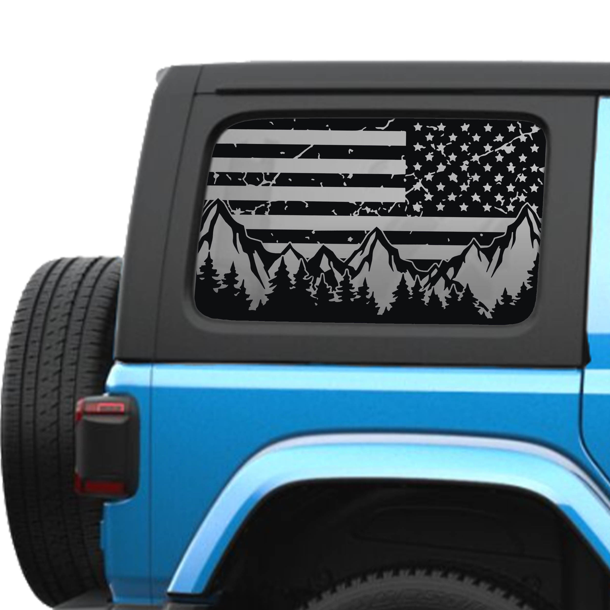 Distressed American flag mountain trees hardtop window decal on blue Jeep Wrangler JLU 2018 plus