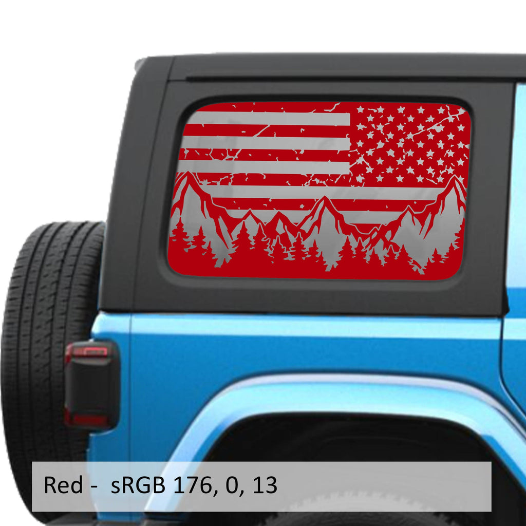 Red American flag mountain trees hardtop window decal on Jeep Wrangler JLU 2018 plus with swatch