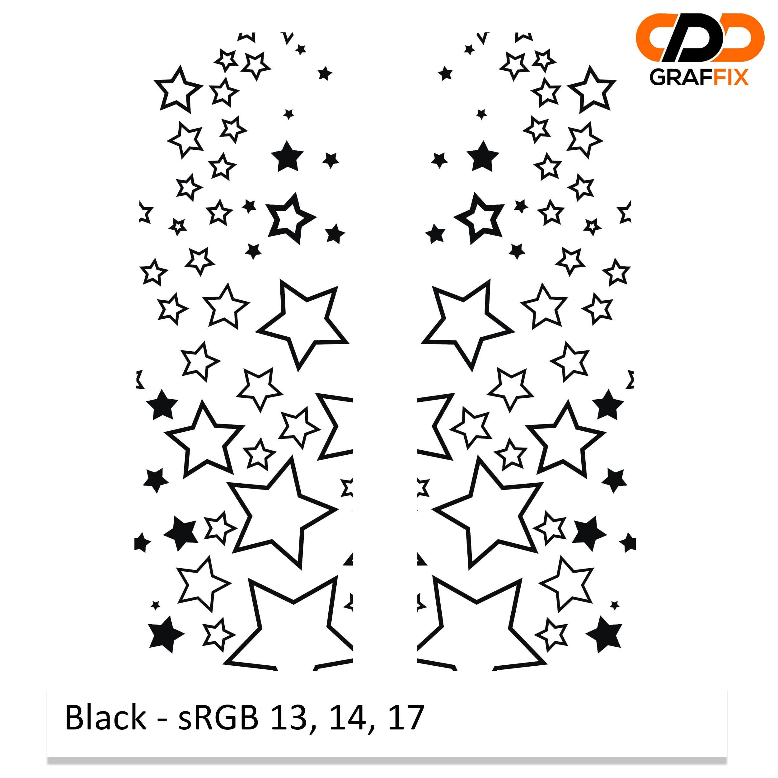 Black star pattern starfield side window vinyl decal swatch with sRGB color code reference