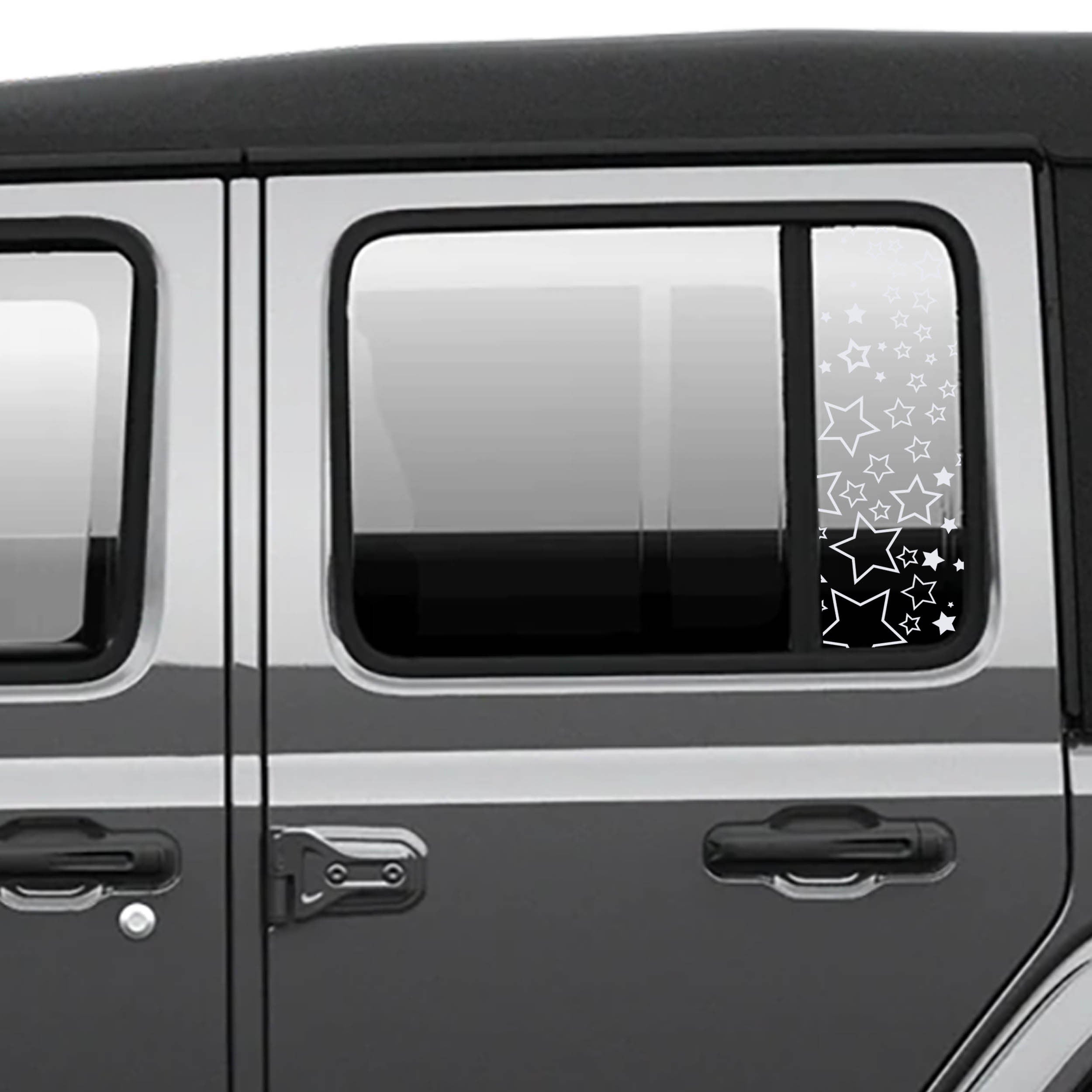 White starfield star pattern side window vinyl decal shown installed on dark grey Jeep Wrangler JLU