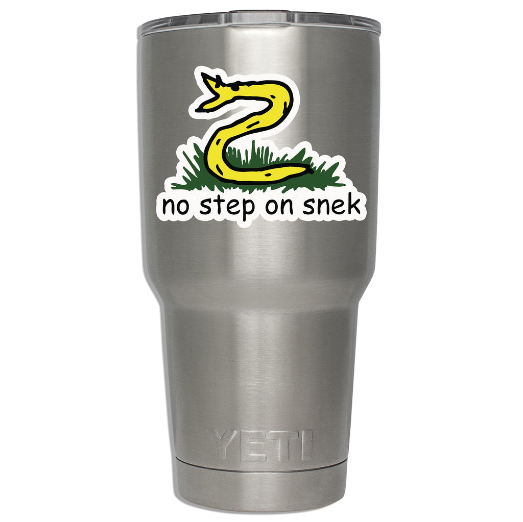 No step on snek snake decal mounted on a stainless YETI tumbler showing applied size on insulated drinkware
