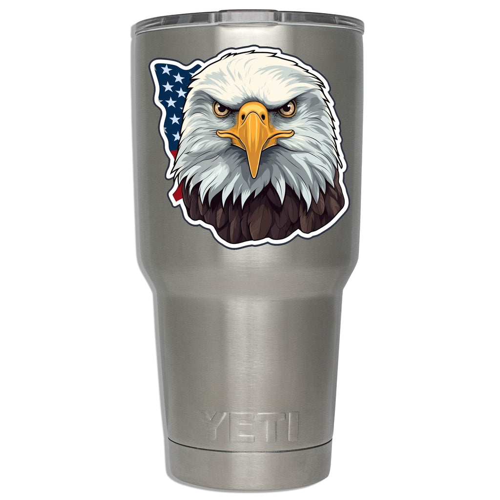 Bald-eagle-and-flag decal mounted on a stainless YETI tumbler to display its size on insulated steel drinkware