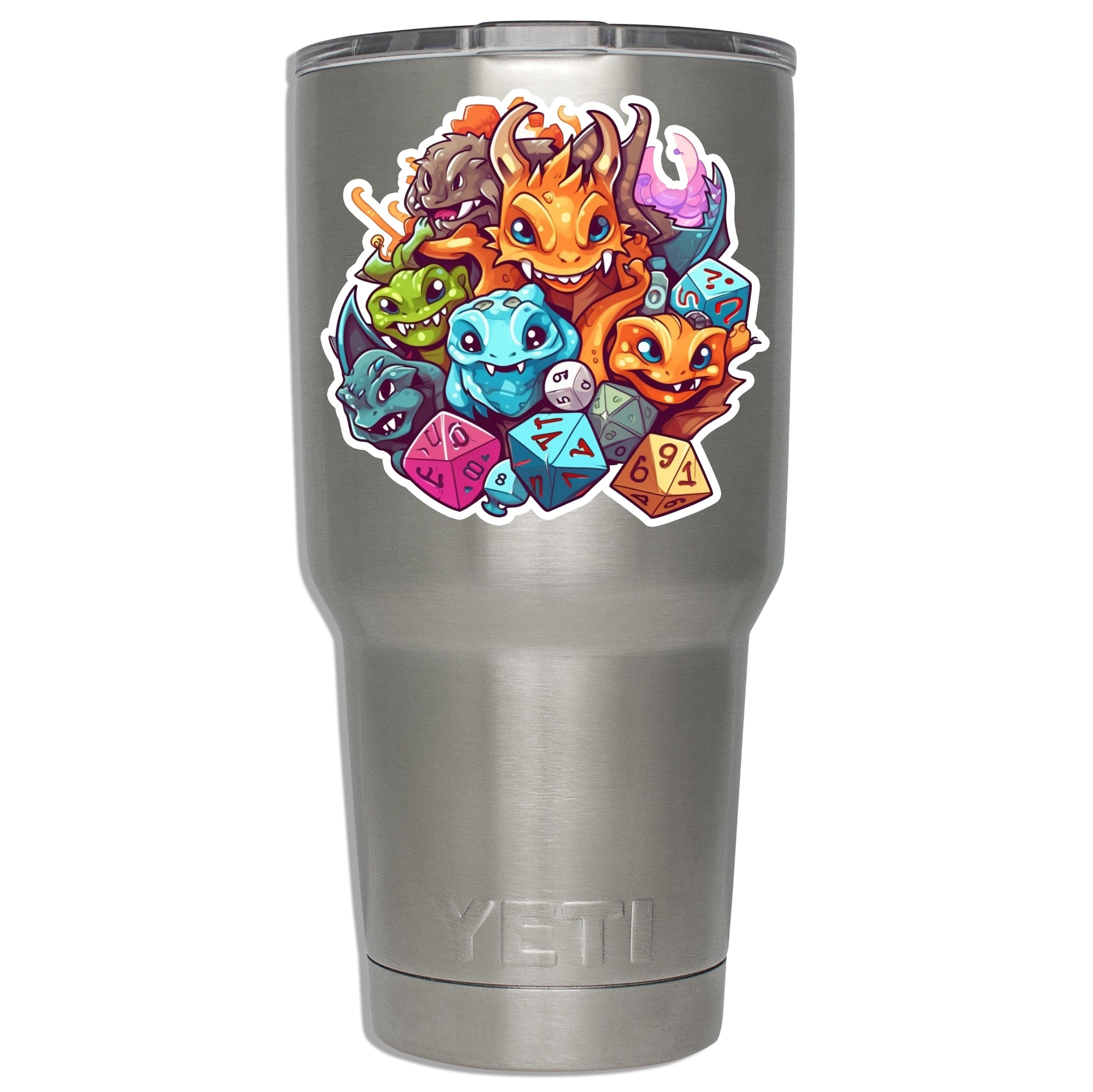 Cartoon RPG monster and dice decal applied to a stainless YETI tumbler to show printed size on drinkware