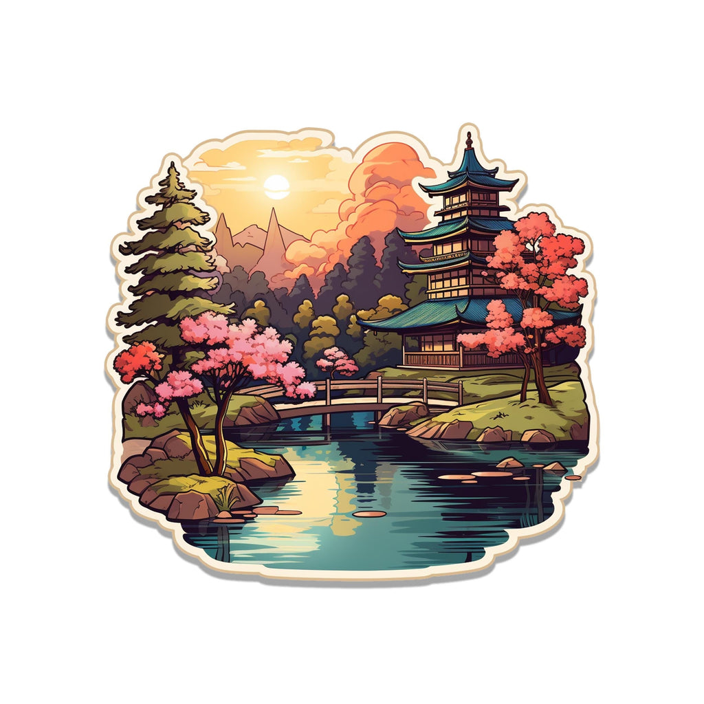 Illustrated Japanese garden sticker with sunset sky, cherry-blossom trees, pagoda temple, and bridge over pond