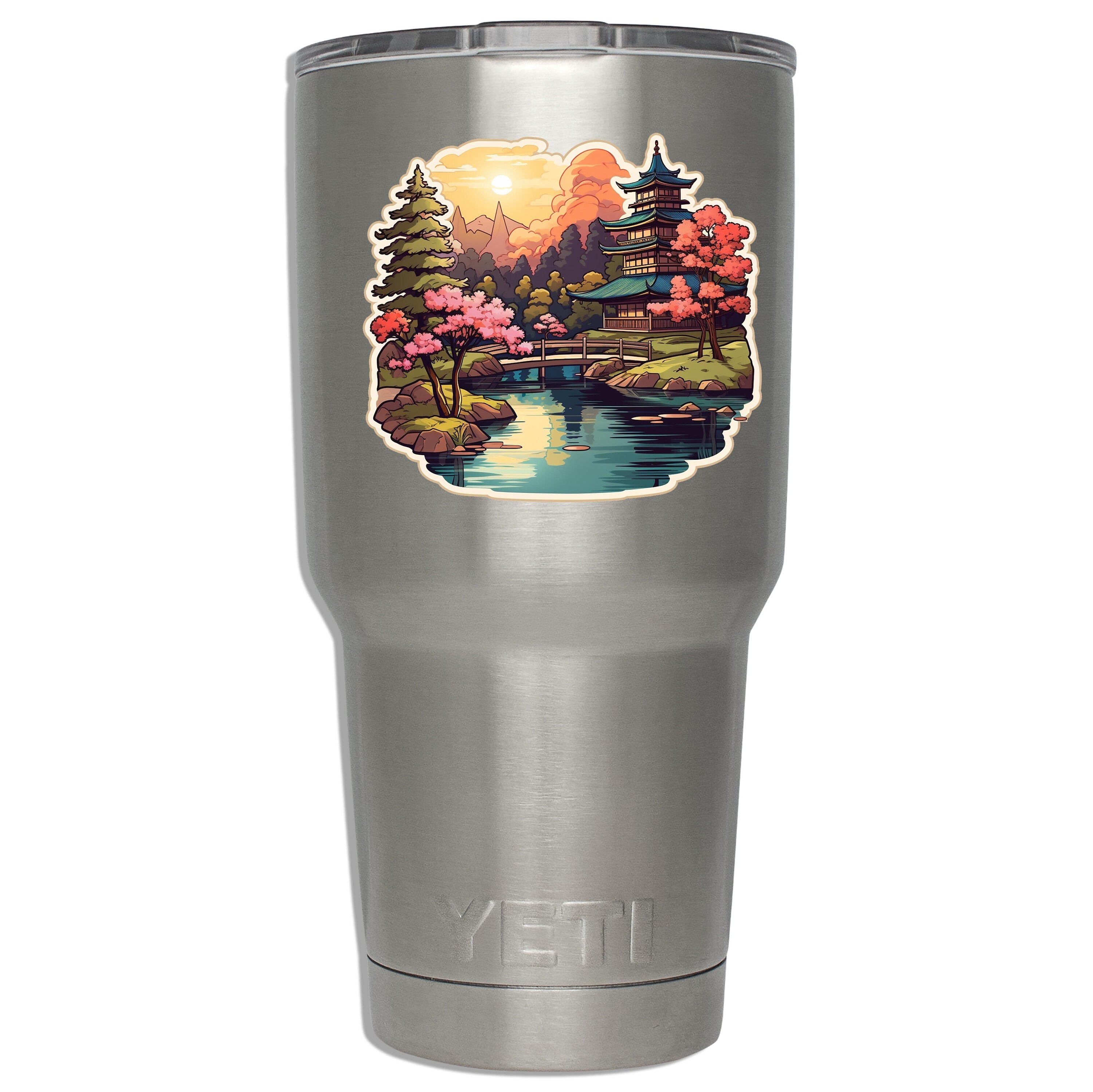 Japanese garden decal applied to a stainless YETI tumbler revealing the printed size on insulated drinkware