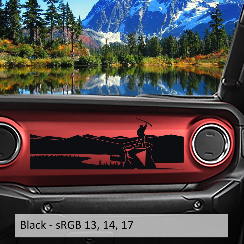Black mountaineer-with-pickaxe dashboard transfer applied to a red Jeep Wrangler JL/Gladiator JT dash panel