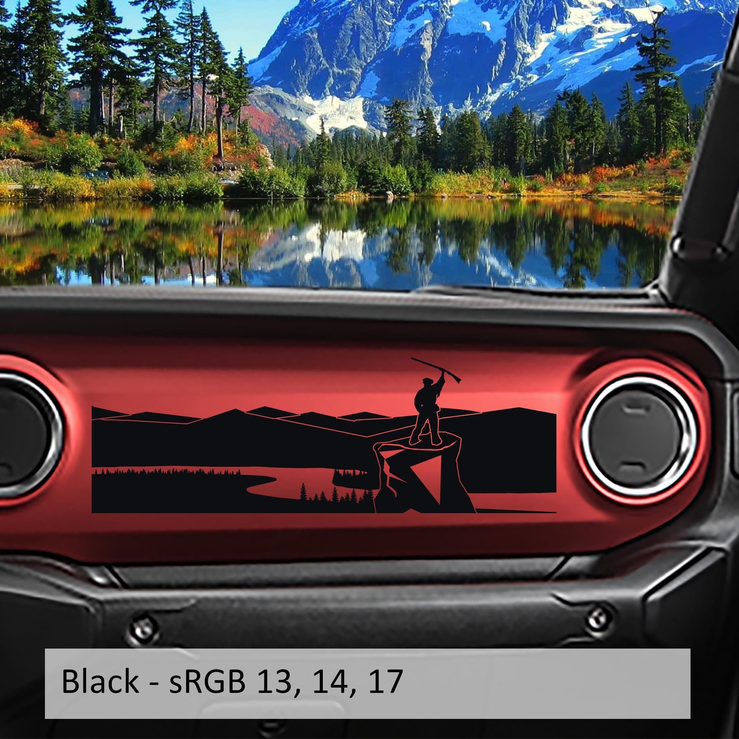 Black mountaineer-with-pickaxe dashboard transfer applied to a red Jeep Wrangler JL/Gladiator JT dash panel