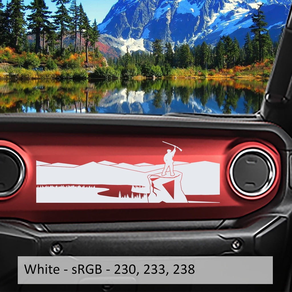 White mountaineer scene dashboard decal previewed across red JL dashboard with sRGB 230 233 238 color swatch