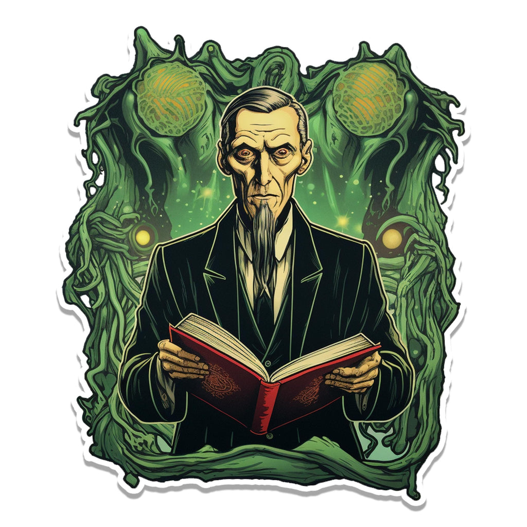 HP Lovecraft author sticker reading red book with green Cthulhu tendrils, glowing orbs, and pale skin tones