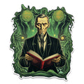 HP Lovecraft author sticker reading red book with green Cthulhu tendrils, glowing orbs, and pale skin tones