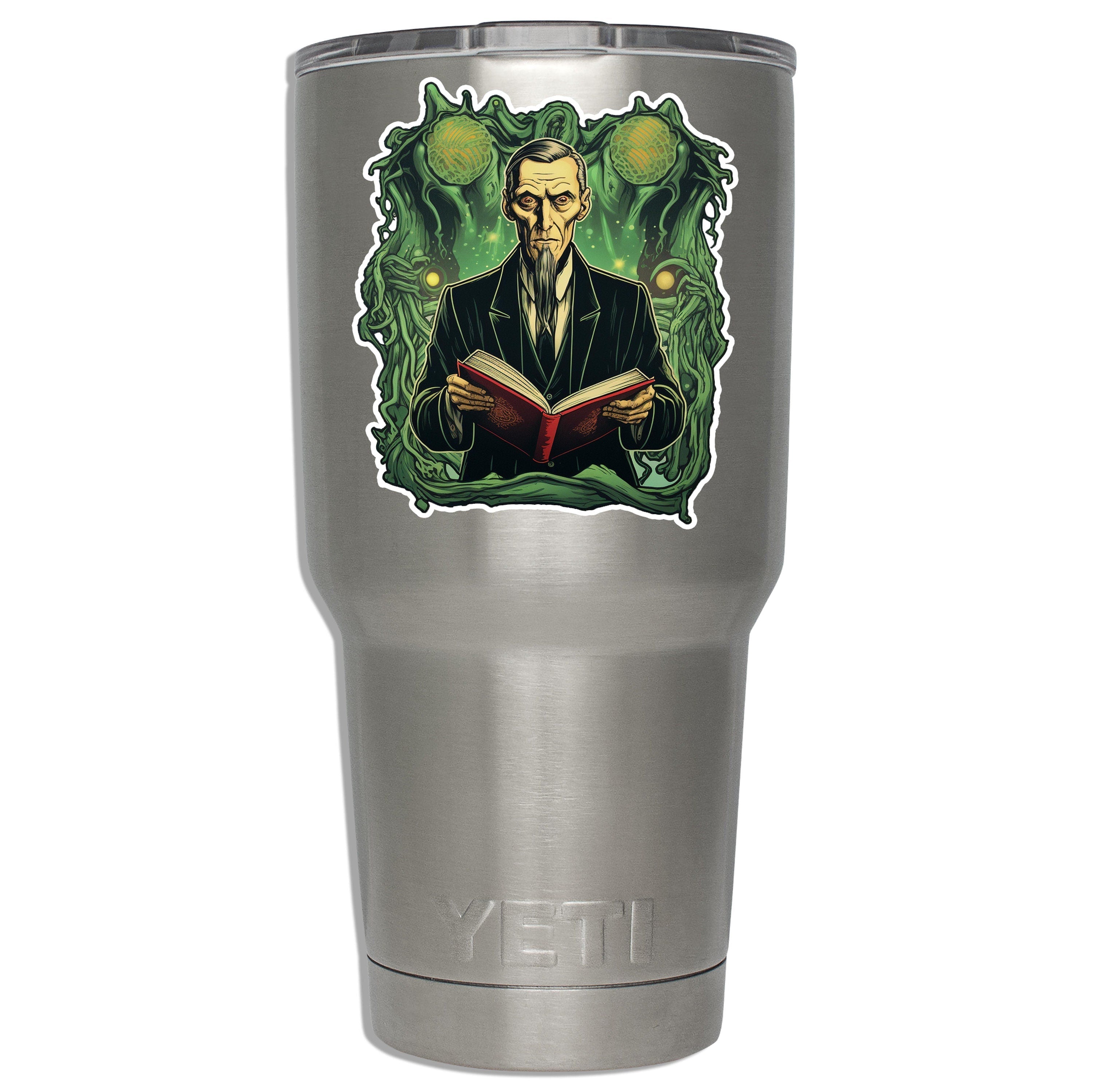 HP Lovecraft Cthulhu decal mounted on stainless YETI tumbler showing scale on insulated 30oz drinkware