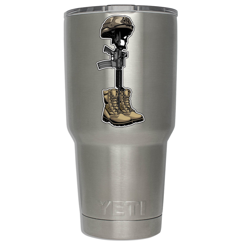 Fallen-soldier memorial decal stuck to a stainless YETI tumbler showing battlefield-cross sizing on drinkware