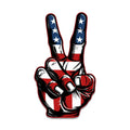 USA flag peace-sign hand decal with star-spangled blue fingers and red-white striped palm in bold ink style