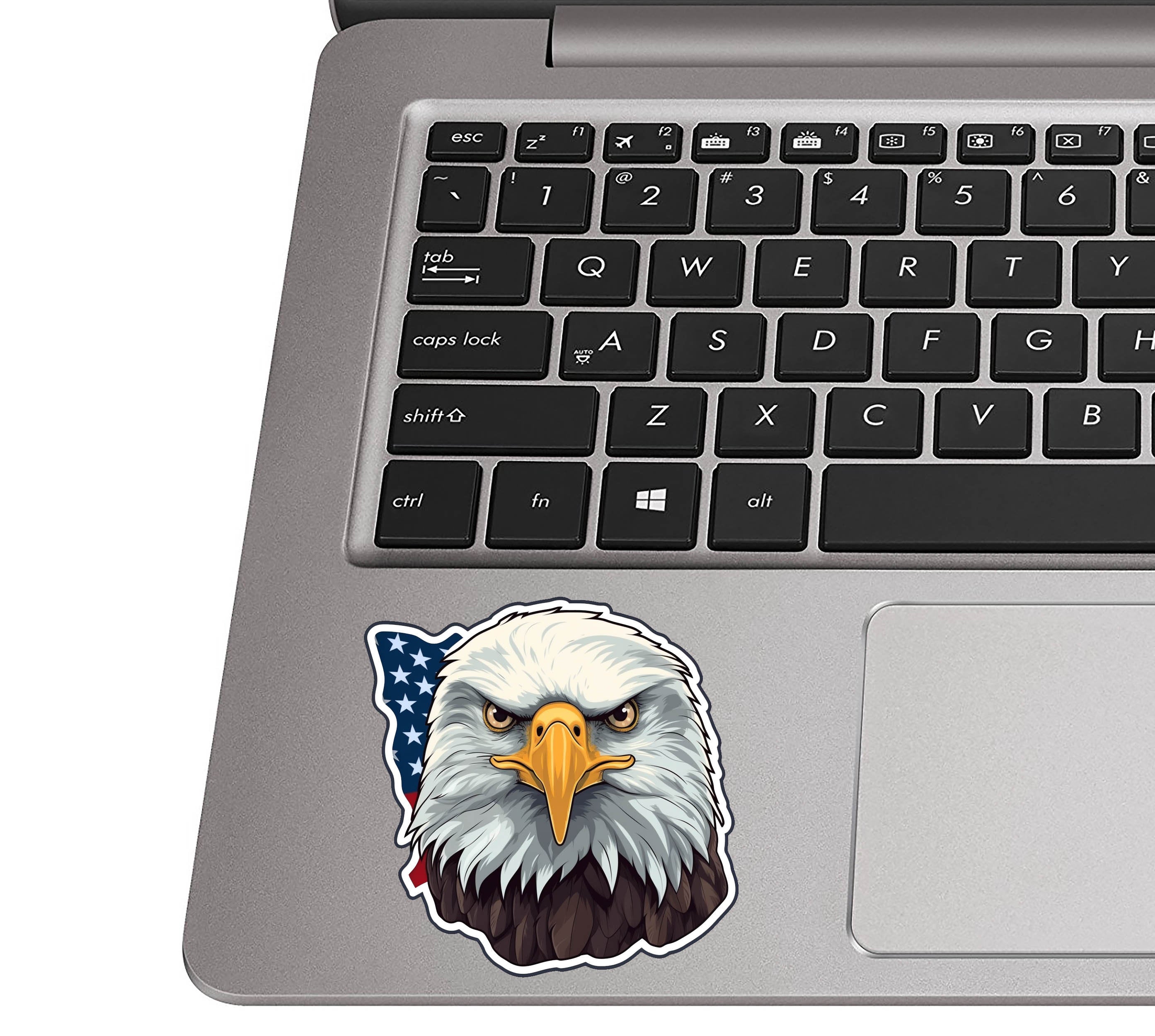 Bald-eagle and flag sticker on a silver laptop palm rest beside a black QWERTY keyboard for size reference