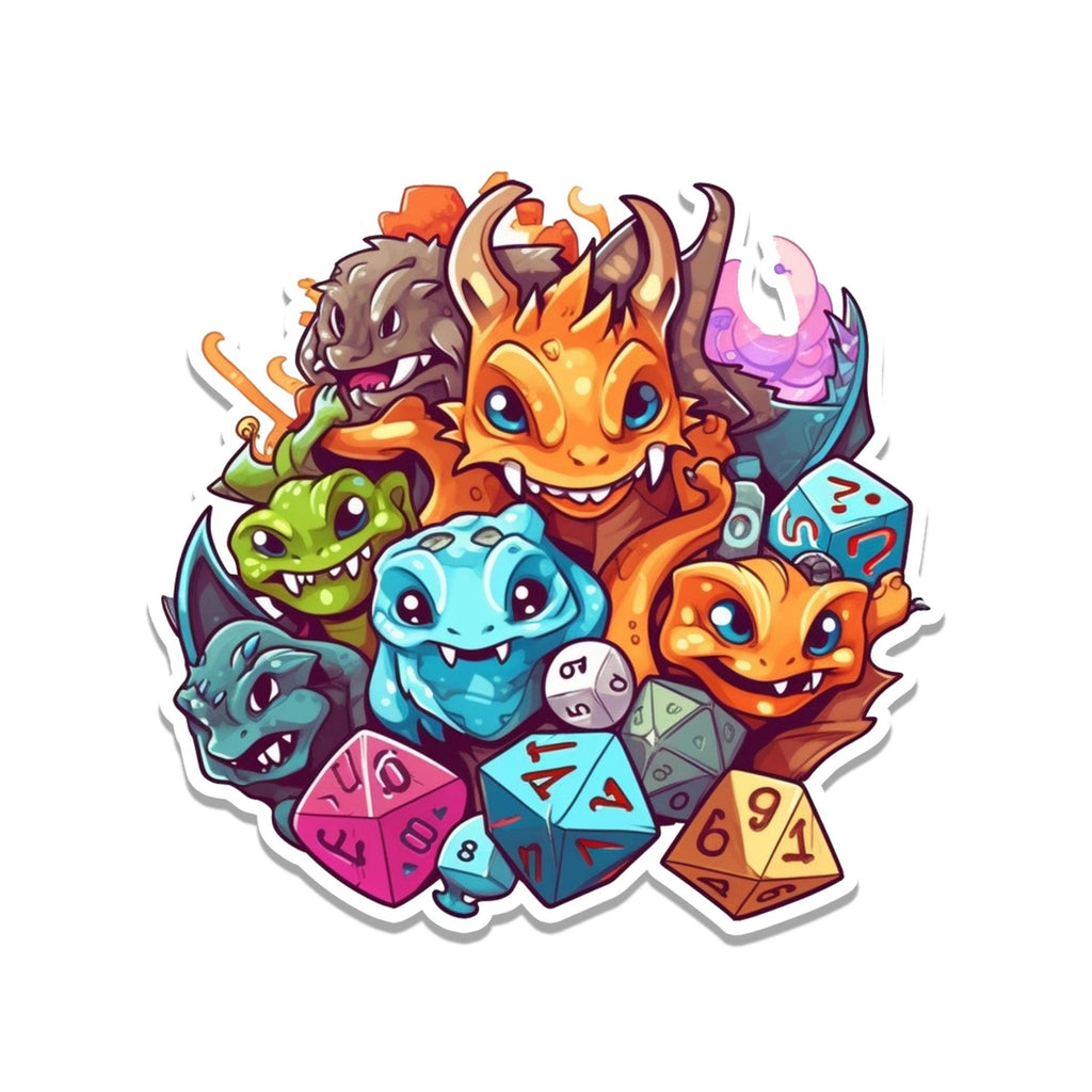 Cartoon dragon and tiny monster heads in red orange blue green nestled among colorful polyhedral RPG dice