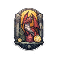 Red dragon perched on stone temple arch with yellow halo backdrop holding a red D20 between yellow D10 and D6