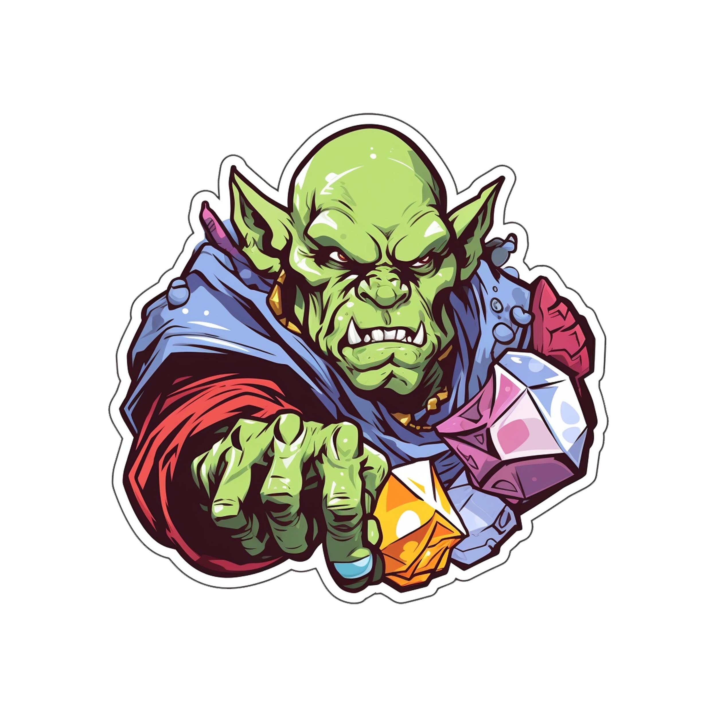 Green goblin lord sticker in blue cloak with red lining holding pink and orange gem-shaped dice in clawed hand