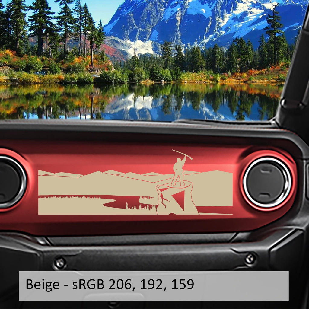 Beige mountaineer-with-axe dashboard decal displayed on a red JL/JT panel with sRGB 206 192 159 swatch label