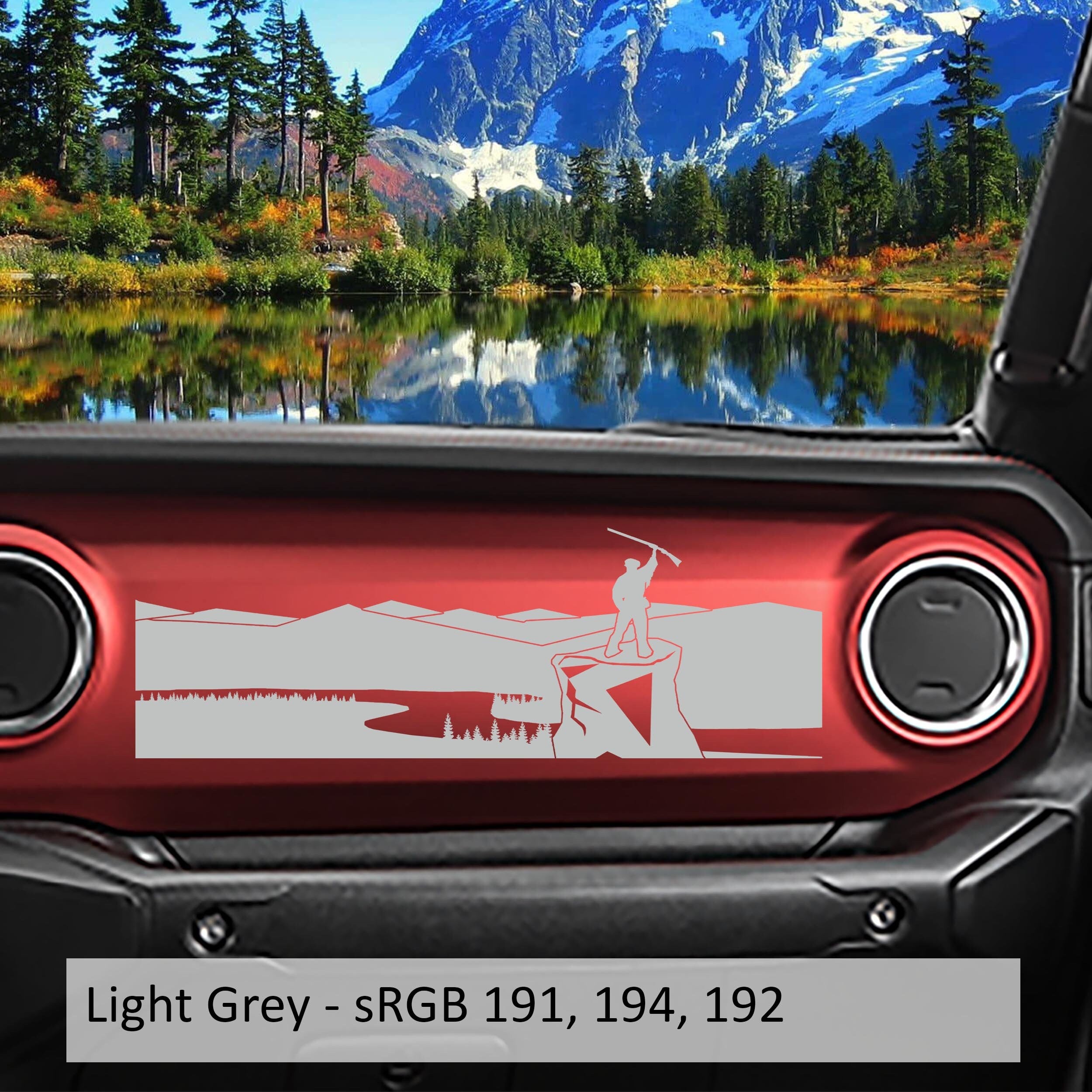 Light-grey mountaineer-on-cliff dashboard transfer over a red JL panel with sRGB 191 194 192 grey color swatch