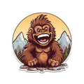 Smiling baby sasquatch round badge sticker with mountains, pine trees, orange sunset, rocky foreground scene