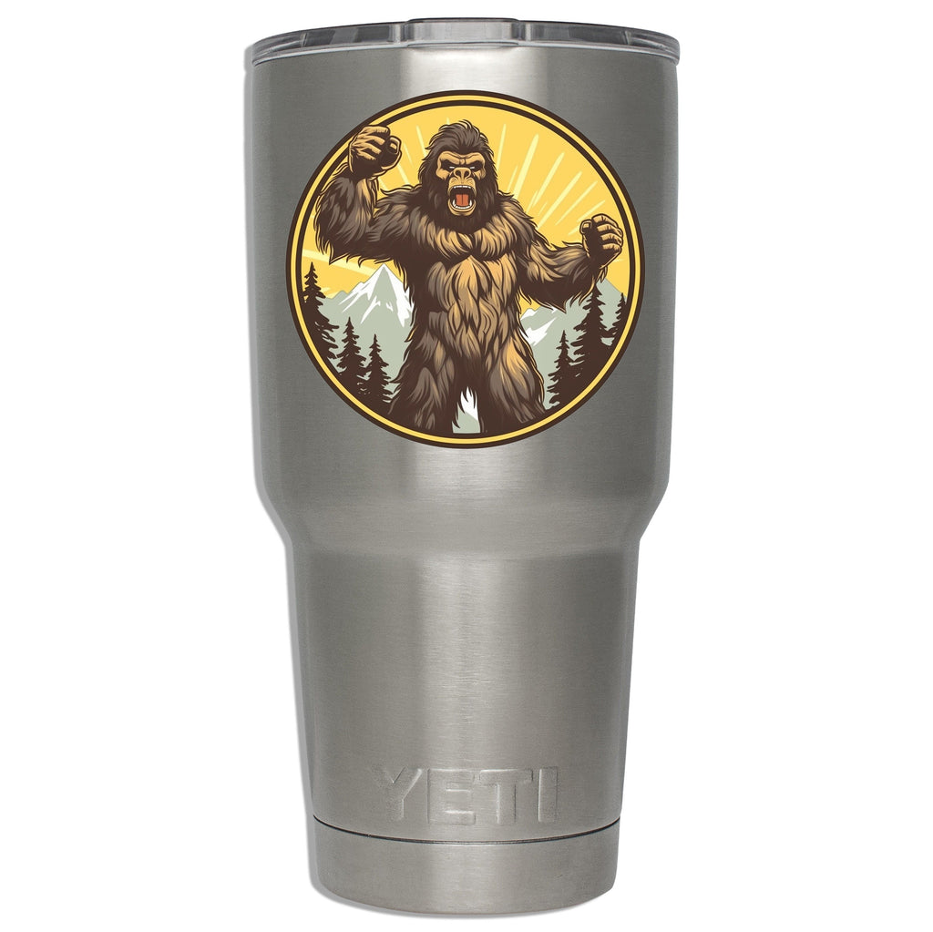 Roaring angry sasquatch decal mounted on stainless YETI tumbler showing size on insulated drinkware below lid
