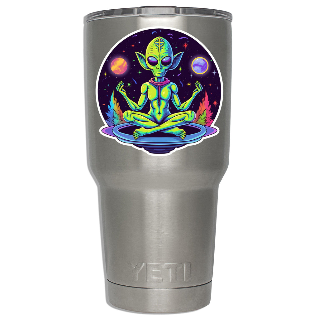 Yoga lotus alien cosmic decal mounted on a stainless YETI tumbler showing size on insulated drinkware tumbler