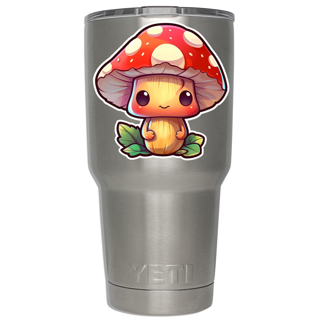 Chibi red cap mushroom decal mounted on a stainless YETI tumbler showing size on insulated drinkware