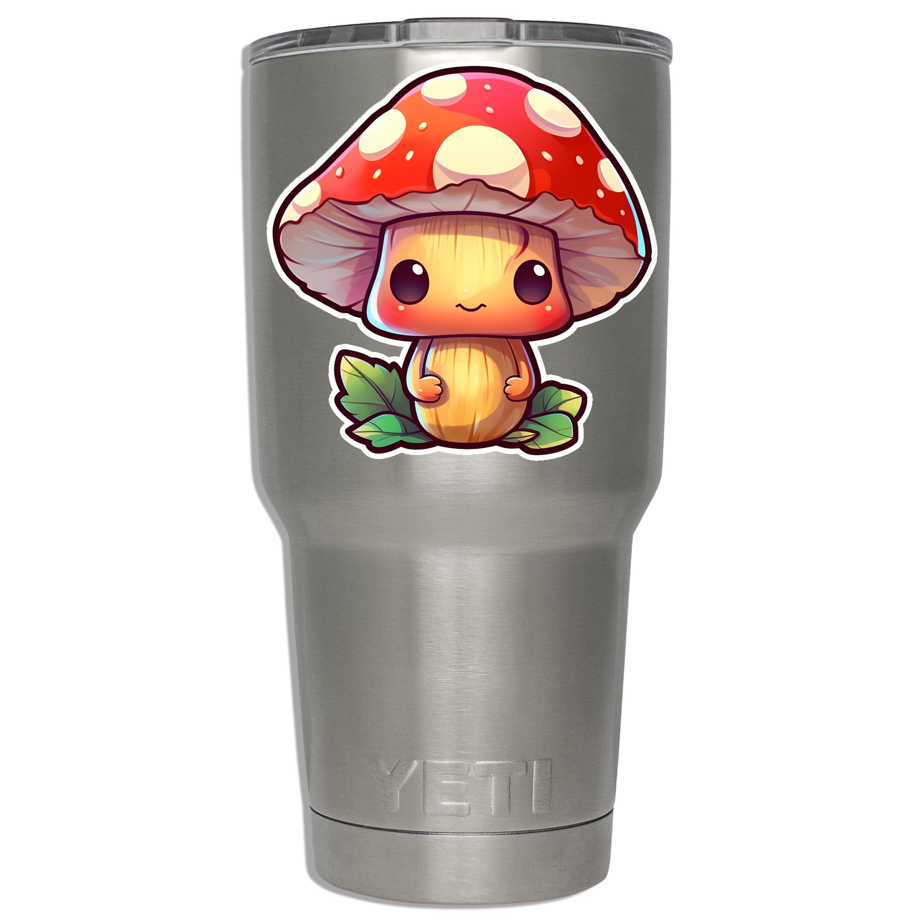 Chibi red cap mushroom decal mounted on a stainless YETI tumbler showing size on insulated drinkware