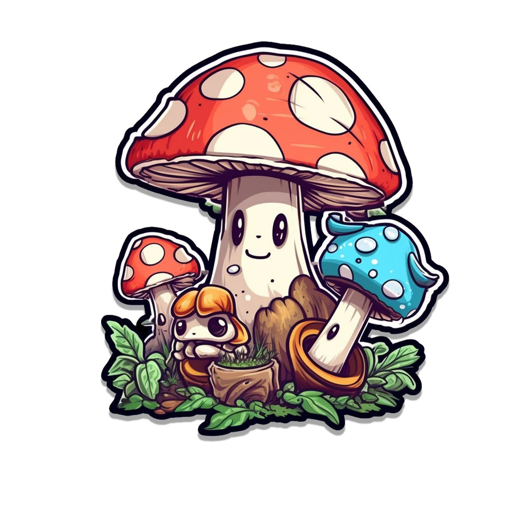 Happy mushroom family sticker with red, blue and cream caps, smiling stems on mossy ground patch