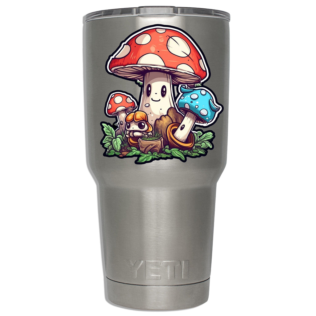 Happy mushroom group decal mounted on a stainless YETI tumbler showing scale on insulated drinkware