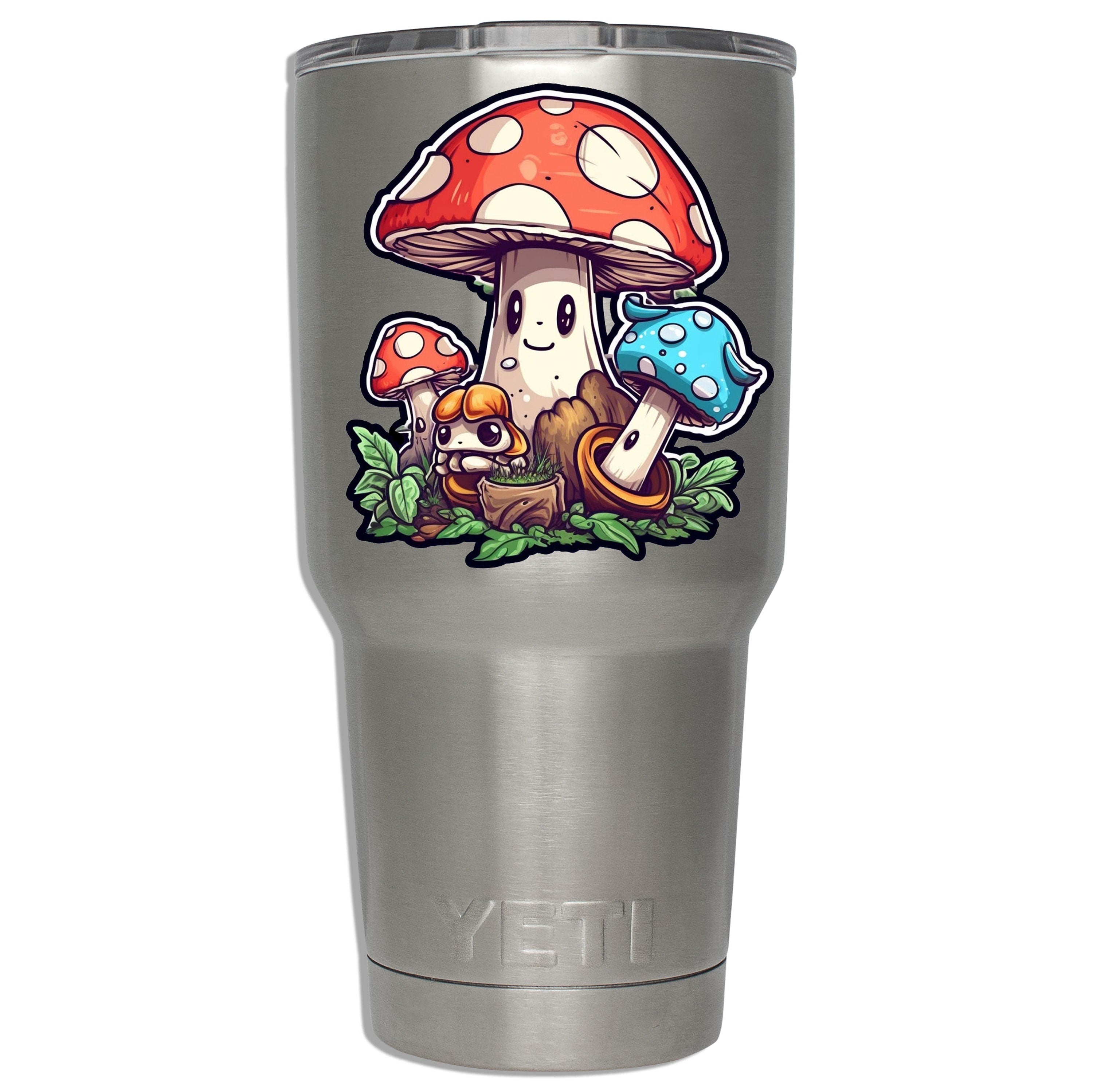 Happy mushroom group decal mounted on a stainless YETI tumbler showing scale on insulated drinkware