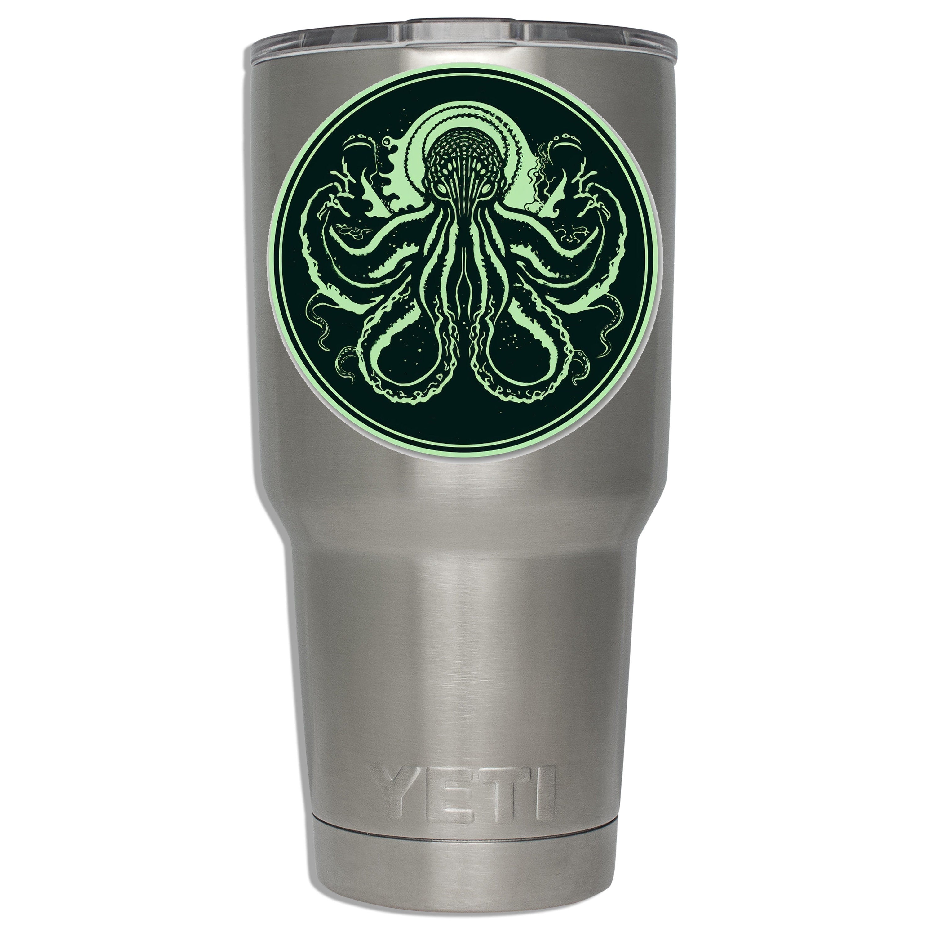 Minimalist Cthulhu round decal mounted on stainless YETI tumbler showing two-tone art scale on 30oz drinkware