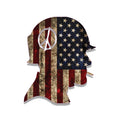 Rustic American flag Vietnam soldier sticker, helmet silhouette with peace symbol, weathered stars stripes