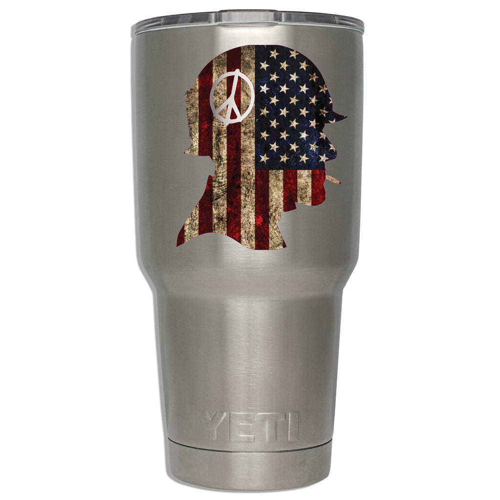 Rustic flag soldier helmet decal mounted on a stainless YETI tumbler showing scale on insulated drinkware