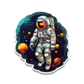 Cartoon astronaut sticker floating among Saturn-style planets and stars in a deep blue cosmic background