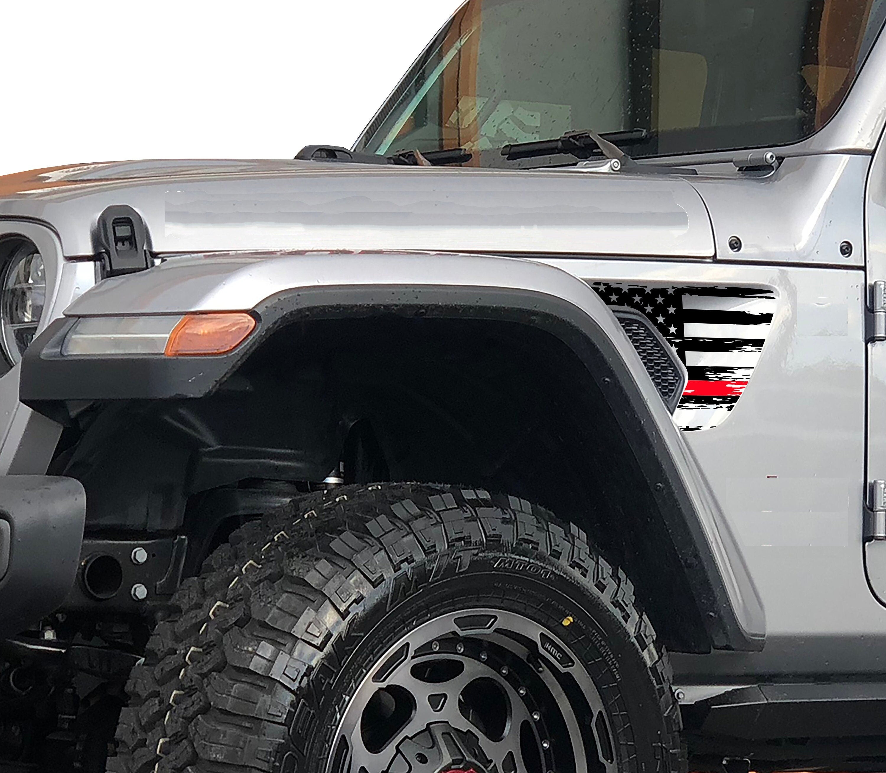 Distressed tattered thin red blue line American flag fender vent decal on Jeep Wrangler