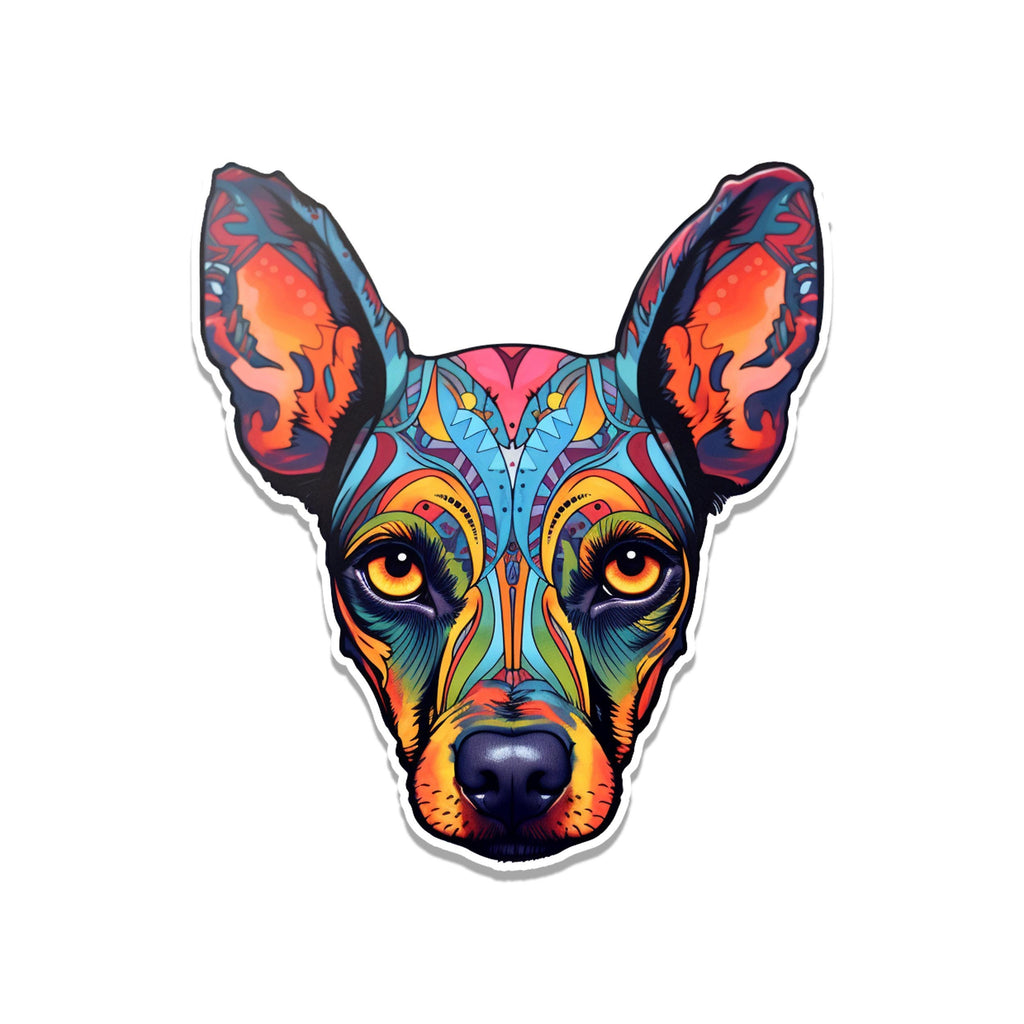 Colorful tribal sugar skull doberman pinscher head sticker with orange ears, golden eyes, blue patterns
