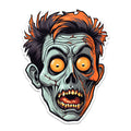 Cartoon zombie head sticker with orange-tipped hair, gray-green stitched skin, bulging eyes, and gore mouth