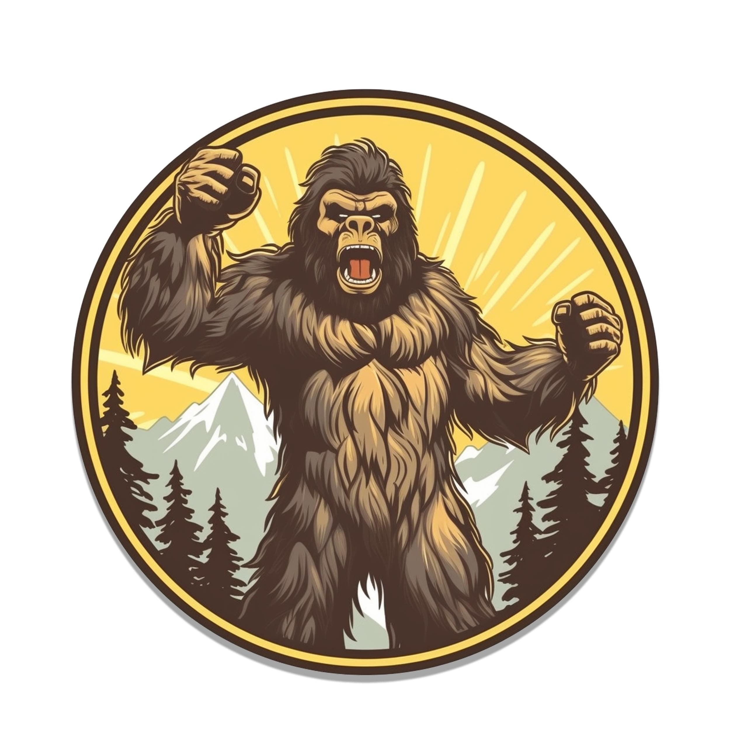 Angry sasquatch round badge sticker with raised fists, yellow sunburst, snowy mountains, evergreen pine trees